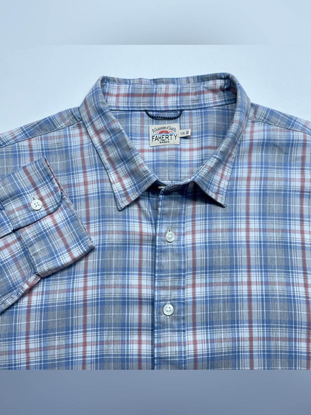 FAHERTY Button Down Shirt Mens Size XXL Long Sleeve Blue Plaid Cotton Huckberry